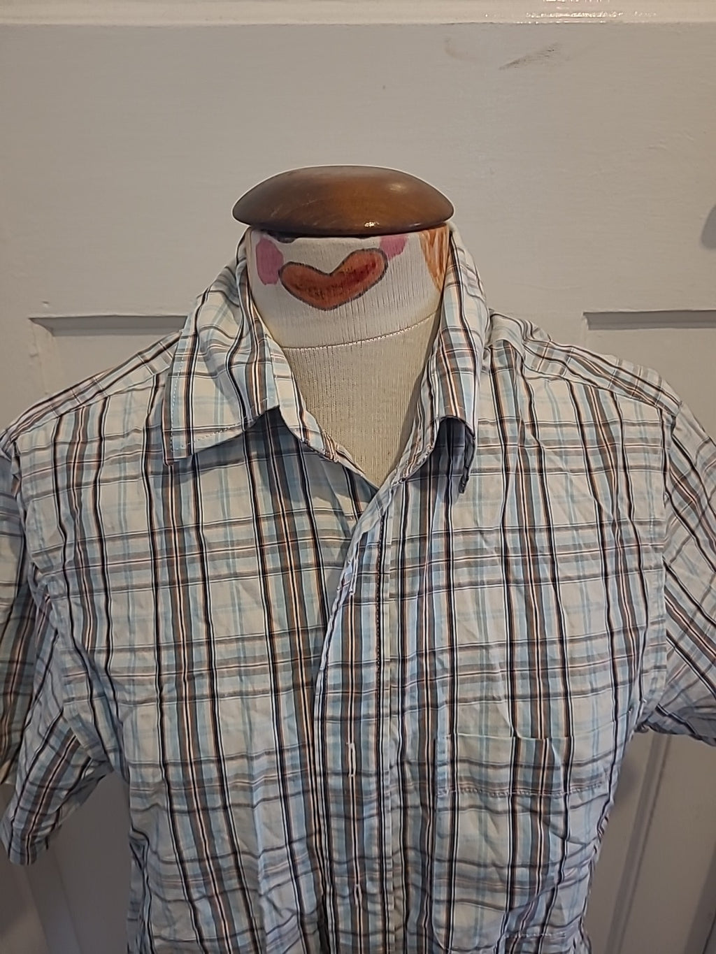 Mens Easy Size S Pale Blue White Navy Check Short Sleeved Shirt