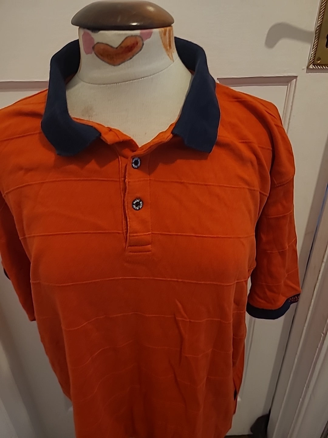 Mens Maine New England Size Large Orange Navy Short Sleeved Polo