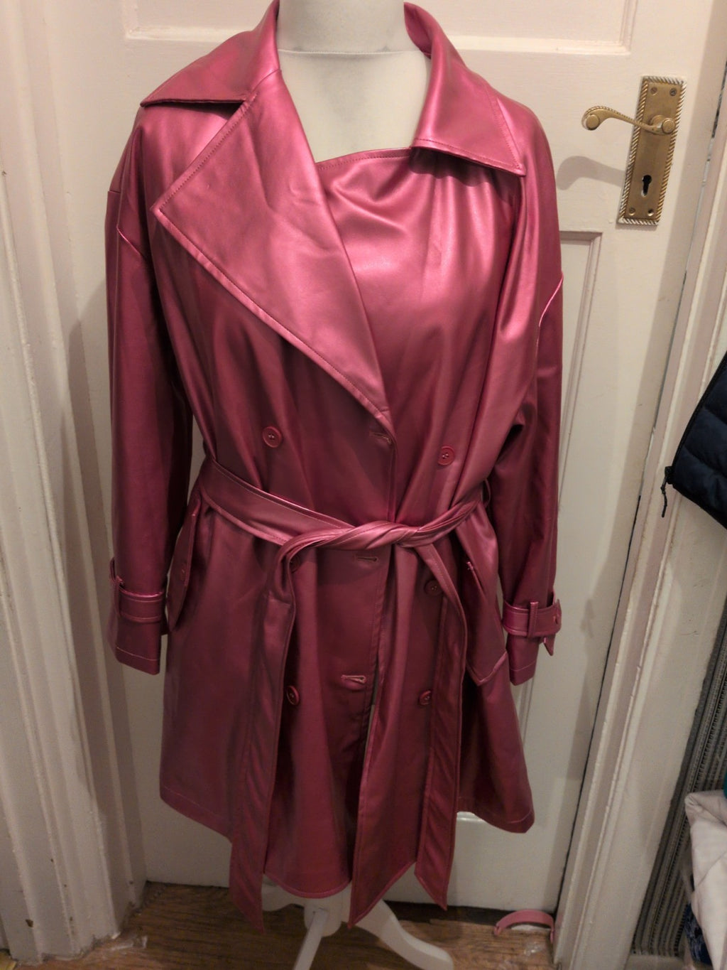 Shein Curve 0xl Shiny Pink Belted Lined Collared Jacket