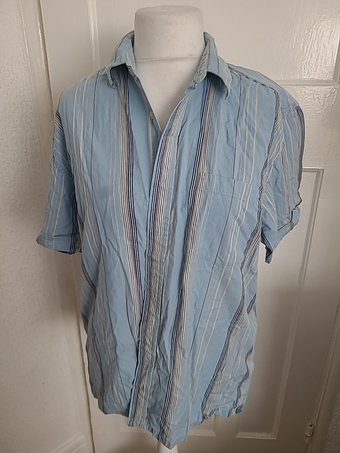Mens Primark Size XL Blue And Gold/Cream Striped Short Sleeved Shirt