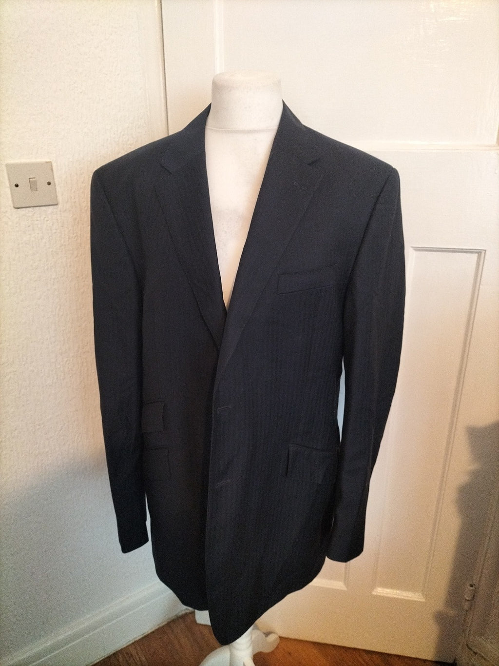 Mens Marks And Spencer Sartorial Size 46L Black Faint Striped Lined Jacket