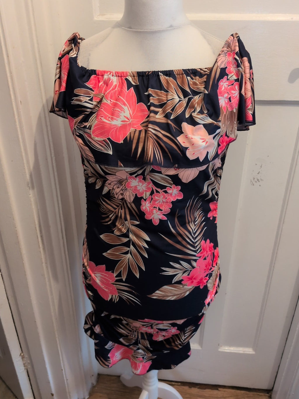 Ladies Short Dress Off The Shoulder Navy Floral Size Xl [16] Free Delivery