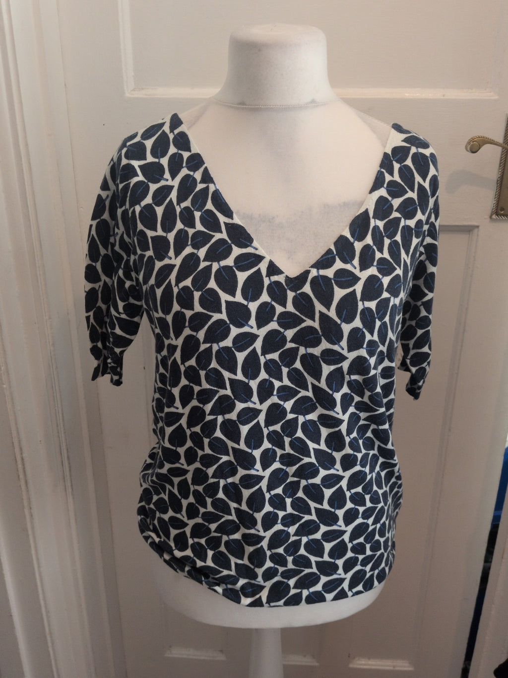 Next 12 Blue And White Leave Wide V Neck Short Sleeve Blouse