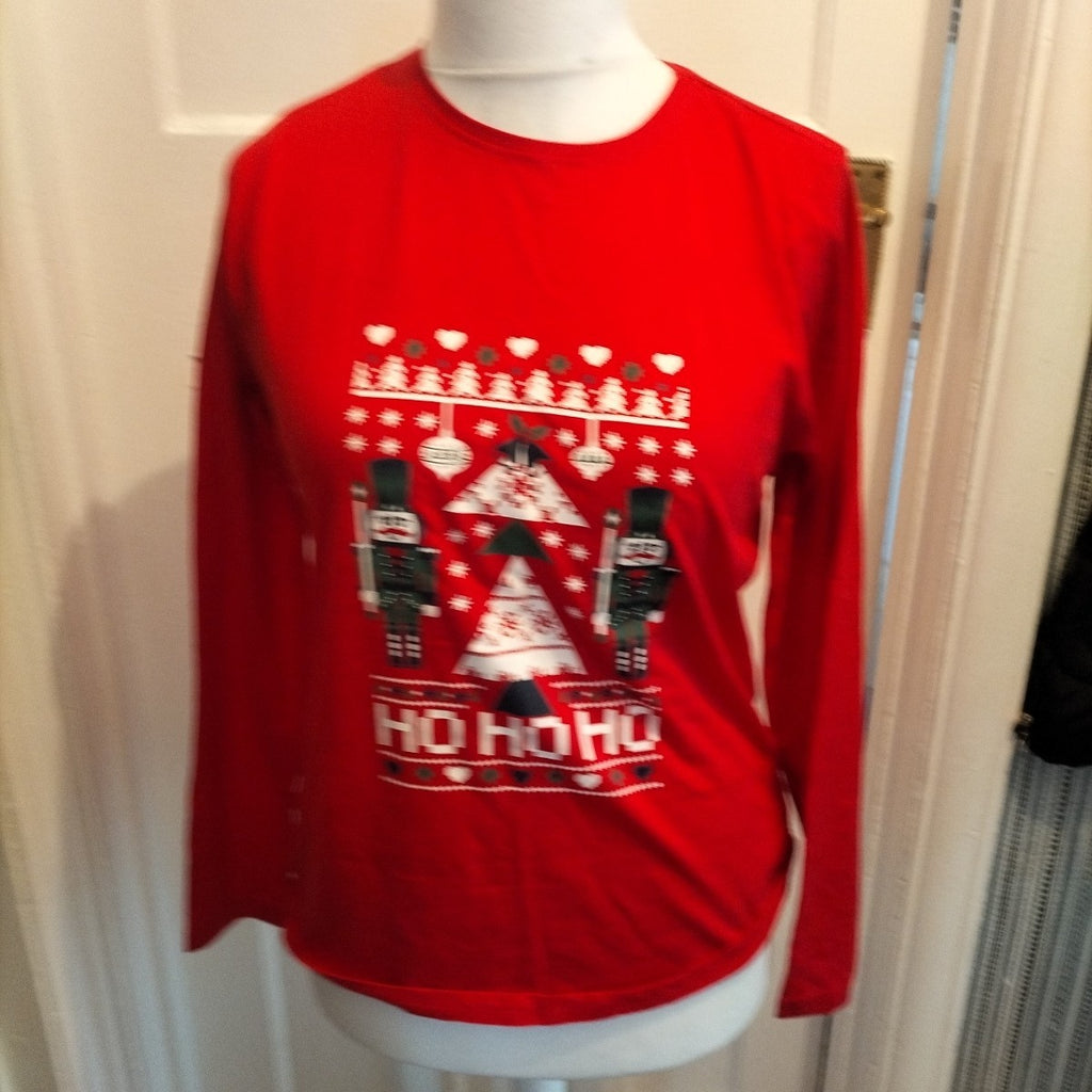 Ladies Esmara Size 12-14 Red Long Sleeved Ho Ho Ho Pyjama Top