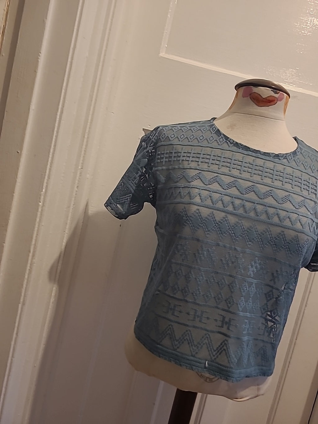 Ladies Size XS Teal See Through Short Sleeved Crop Top