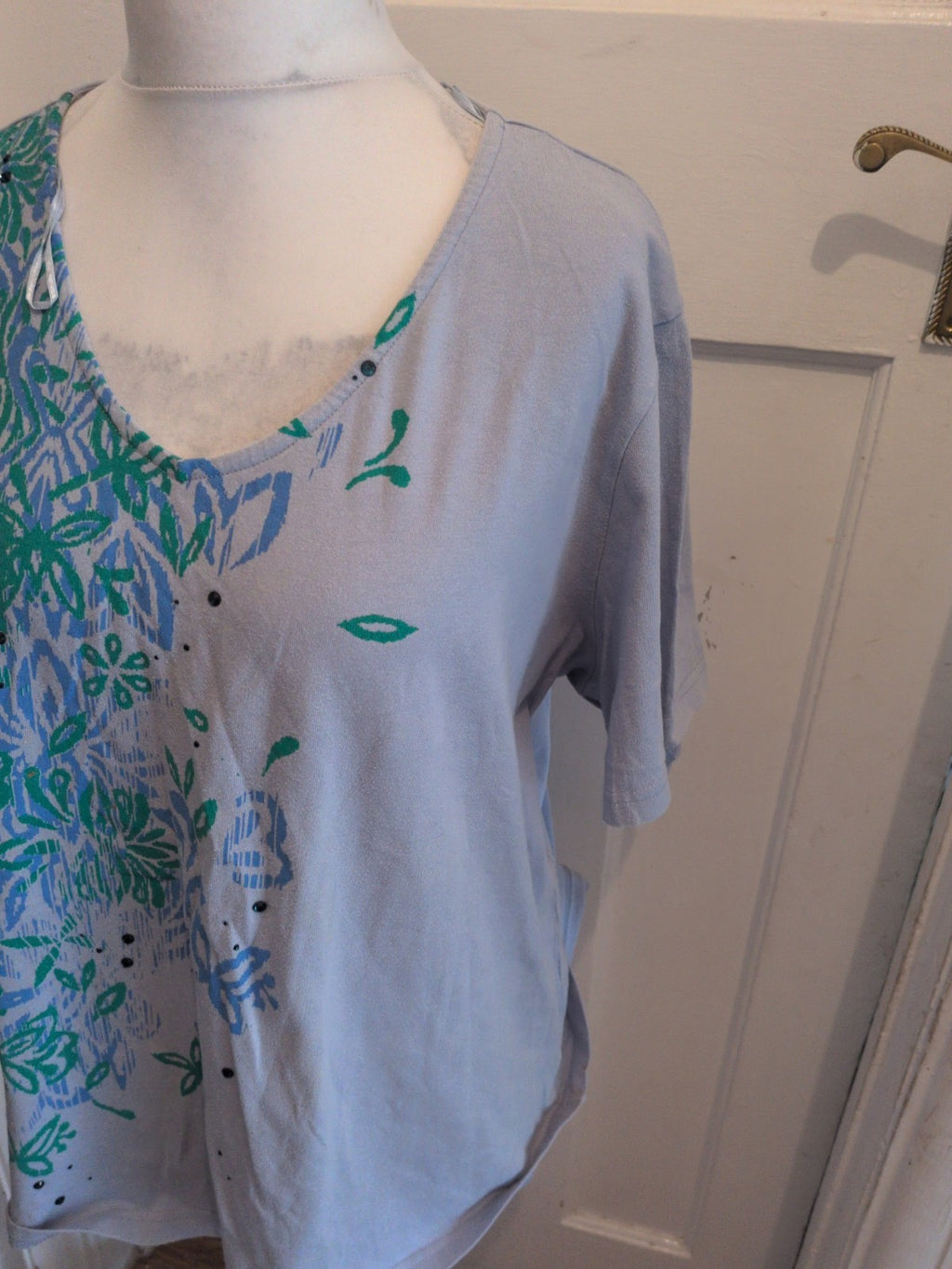 Ladies Damart 26/28 Lilac Blue And Green Short Sleeve Blouse