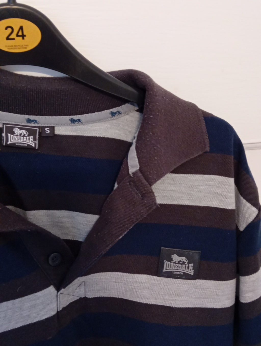 Mens Polo Top Lonsdale Size Small Brown/ Blue Striped