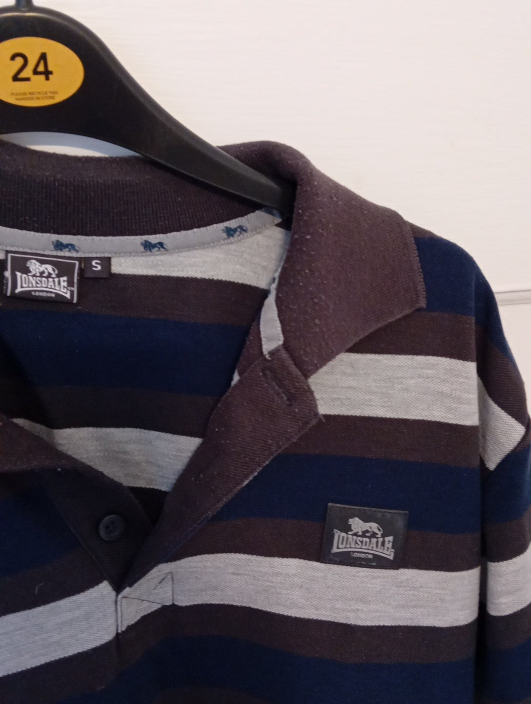 Mens Polo Top Lonsdale Size Small Brown/ Blue Striped