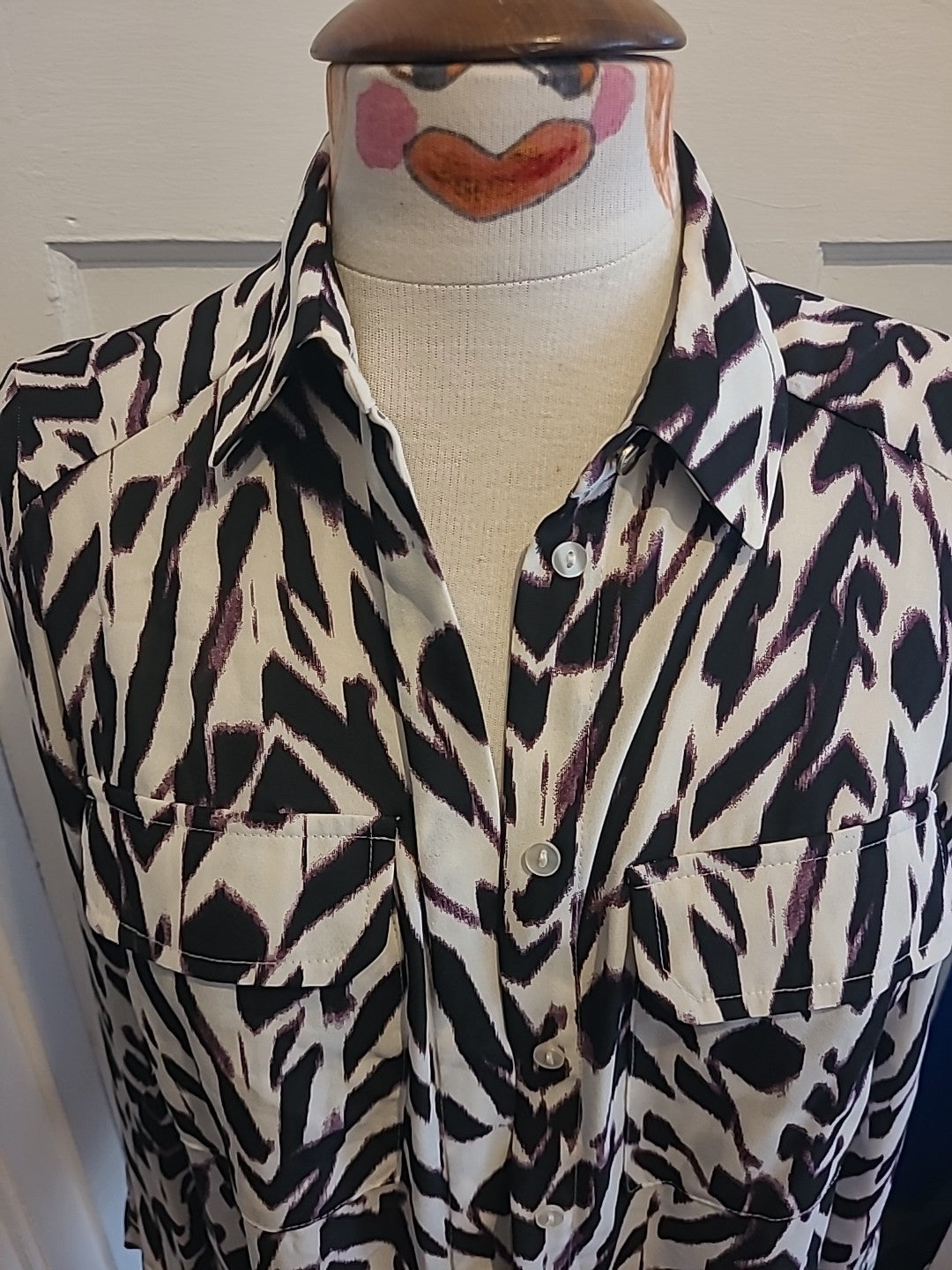 Ladies Primark Size 8 Purple Black Cream Long Sleeved Blouse