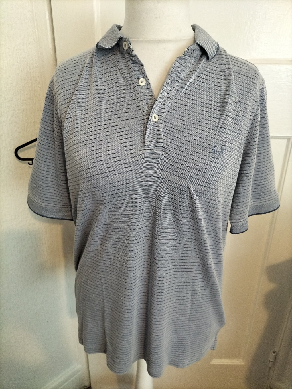 Mens Lincoln Size Large Blue And Navy Striped Short Sleeved Polo