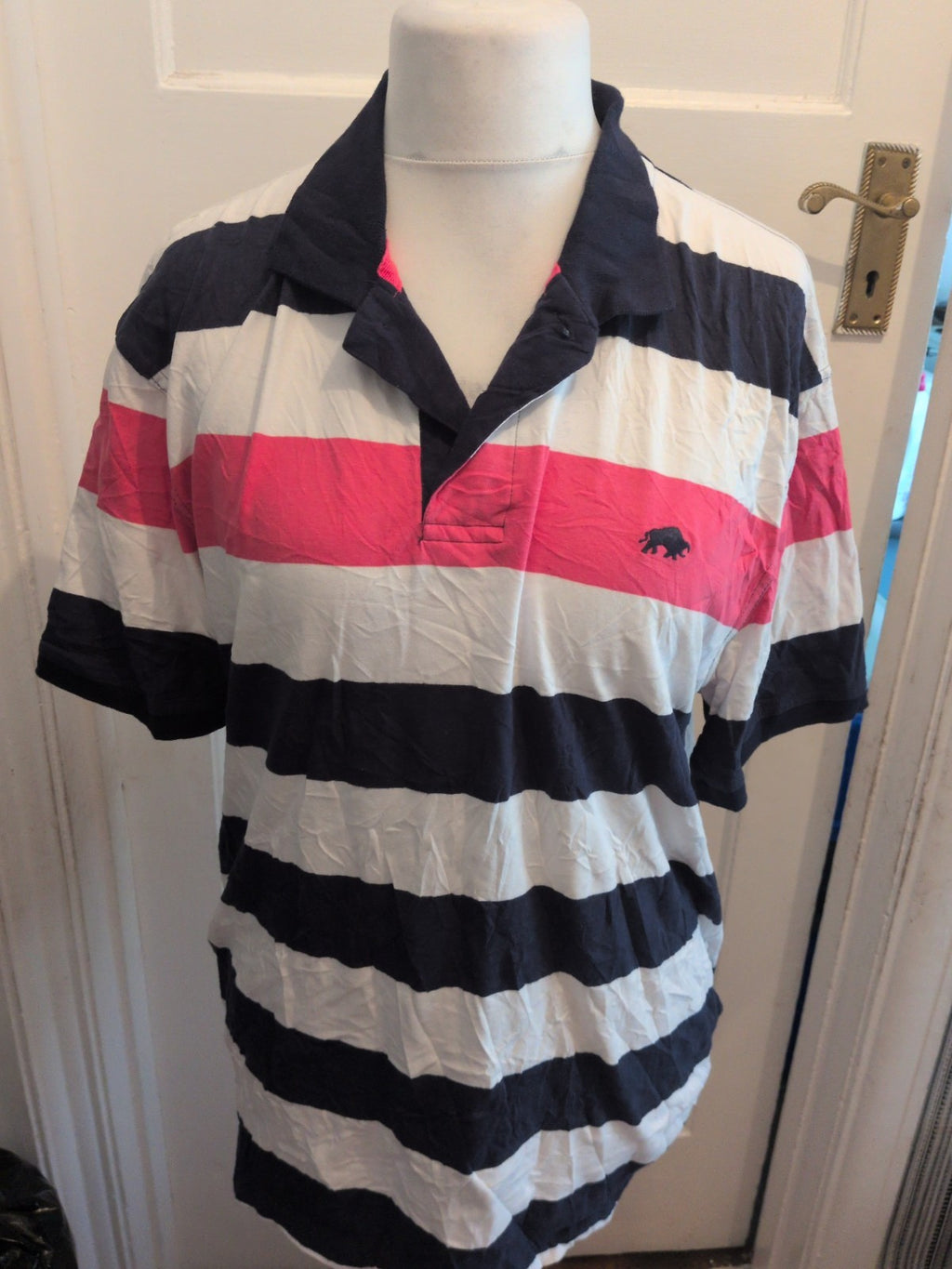 Mens Raging Bull Size XL Navy Pink And White Strip Short Sleeve Polo