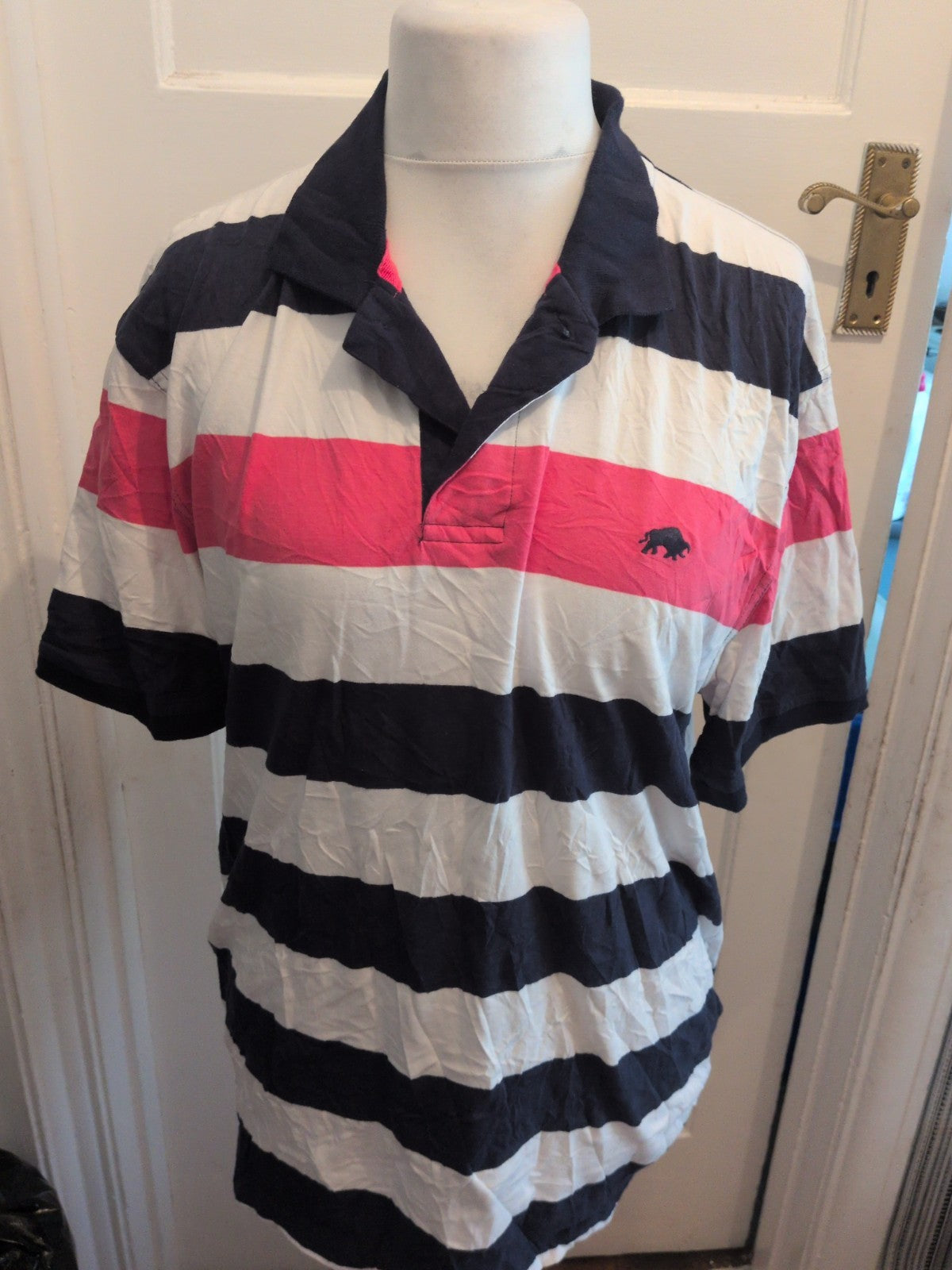 Mens Raging Bull Size XL Navy Pink And White Strip Short Sleeve Polo