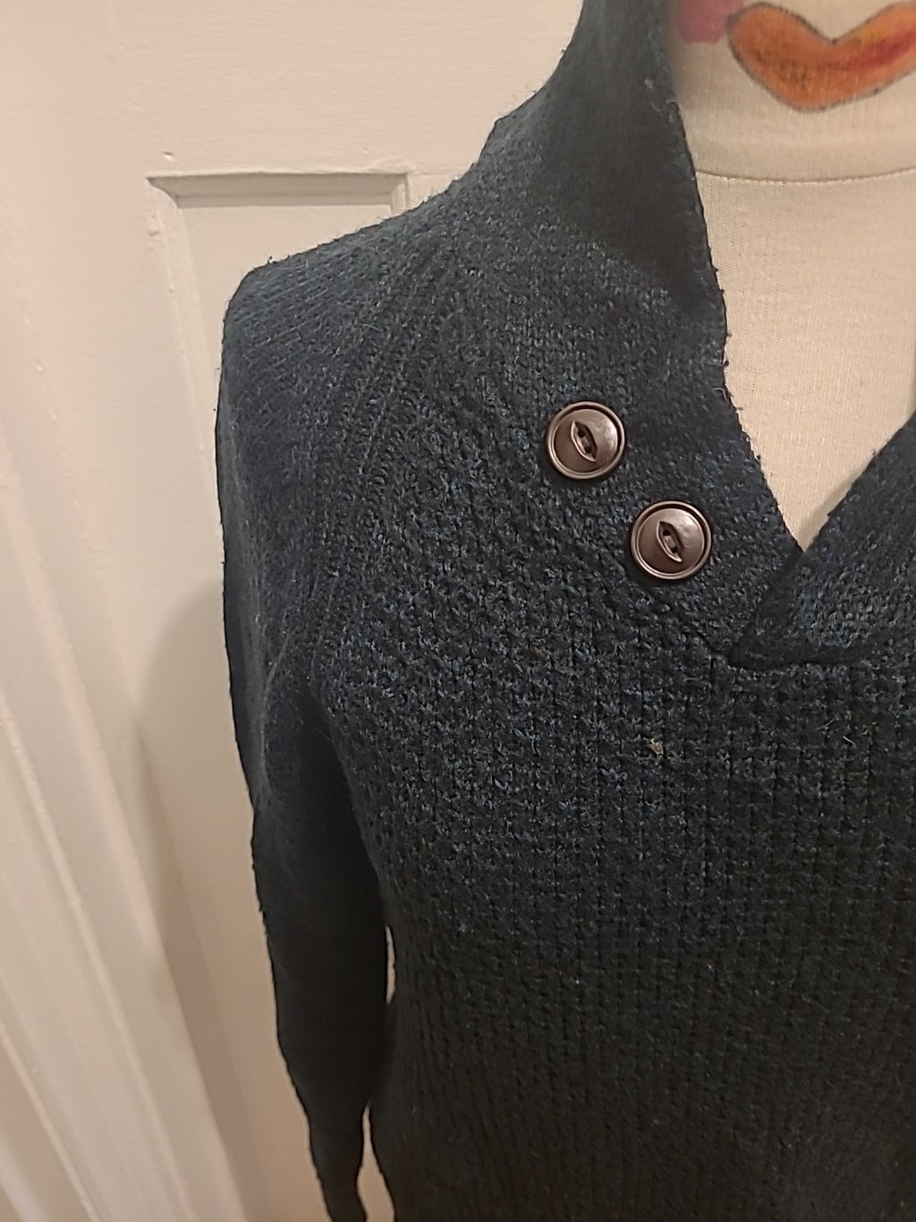 Mens Easy Size Small Green Navy Fleck Long Sleeved Pullover Jumper