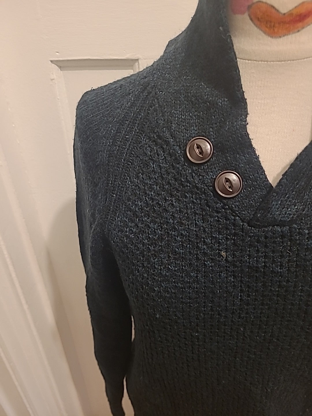 Mens Easy Size Small Green Navy Fleck Long Sleeved Pullover Jumper