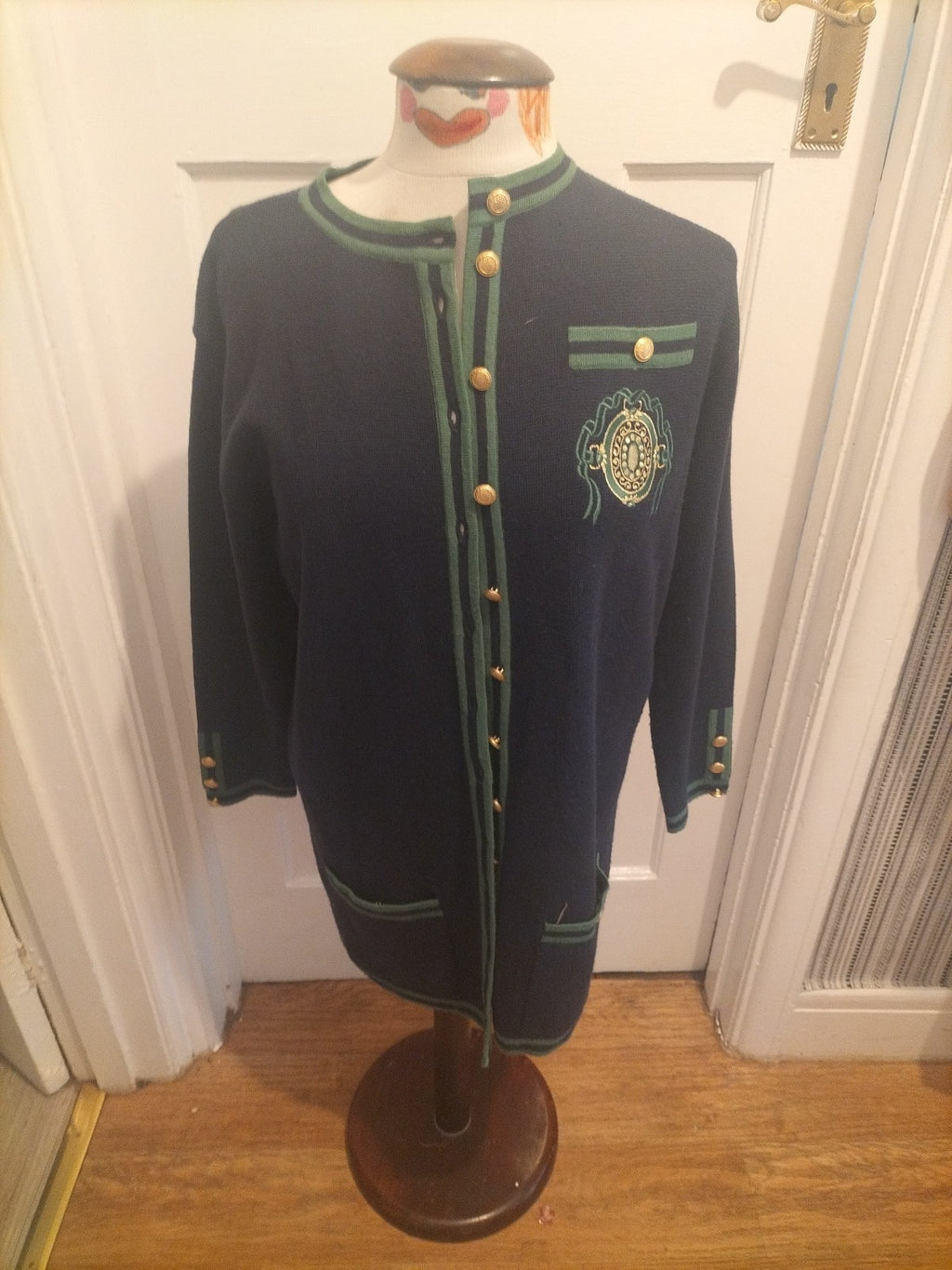 Ladies Emreco Size Euro 36 Navy Green Trim Long Sleeved Cardigan