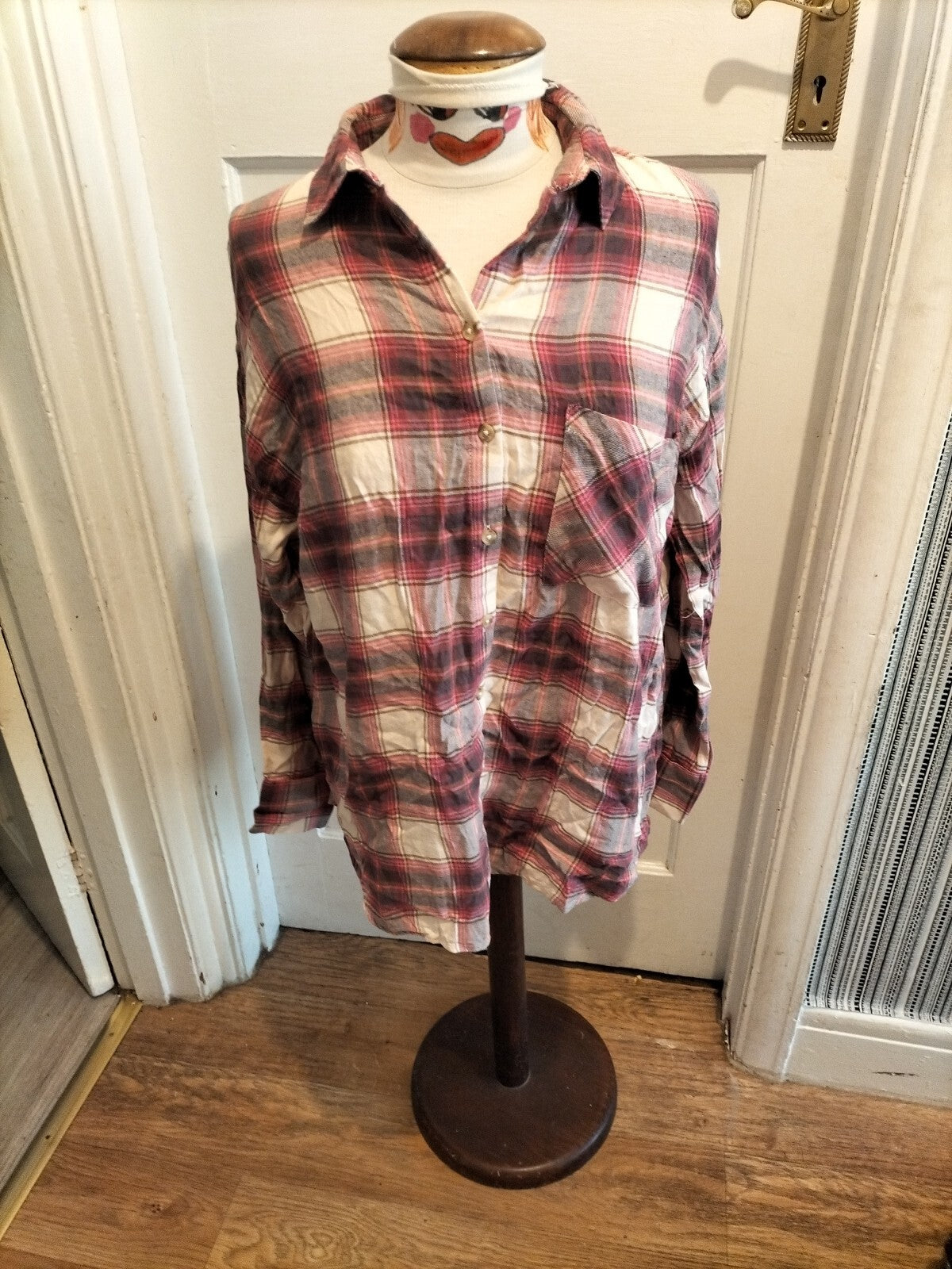 Ladies Primark Size 10-12 Purple Check Long Sleeved Blouse