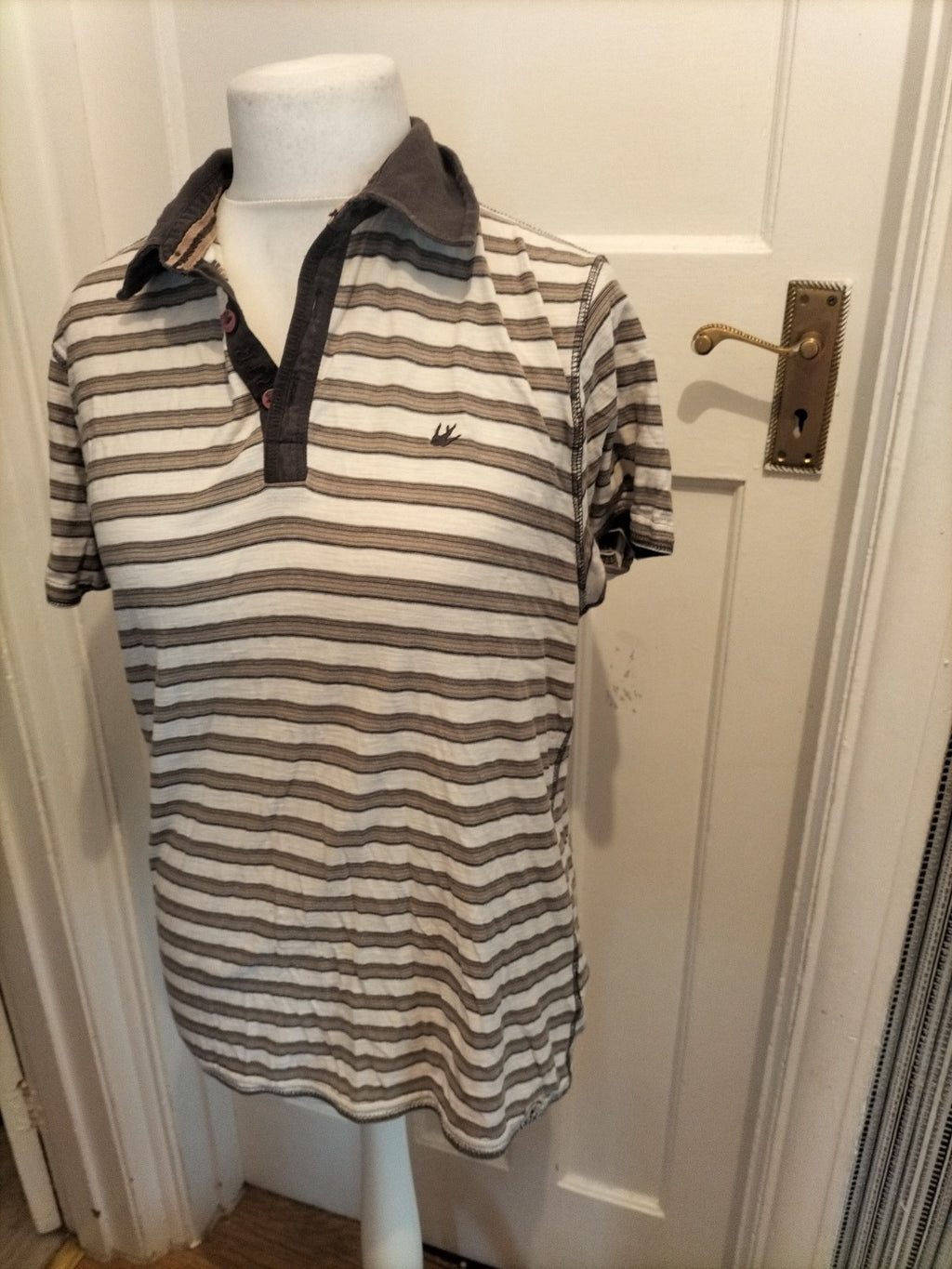 Mens Debenhams Size Small Beige And Cream Striped Polo