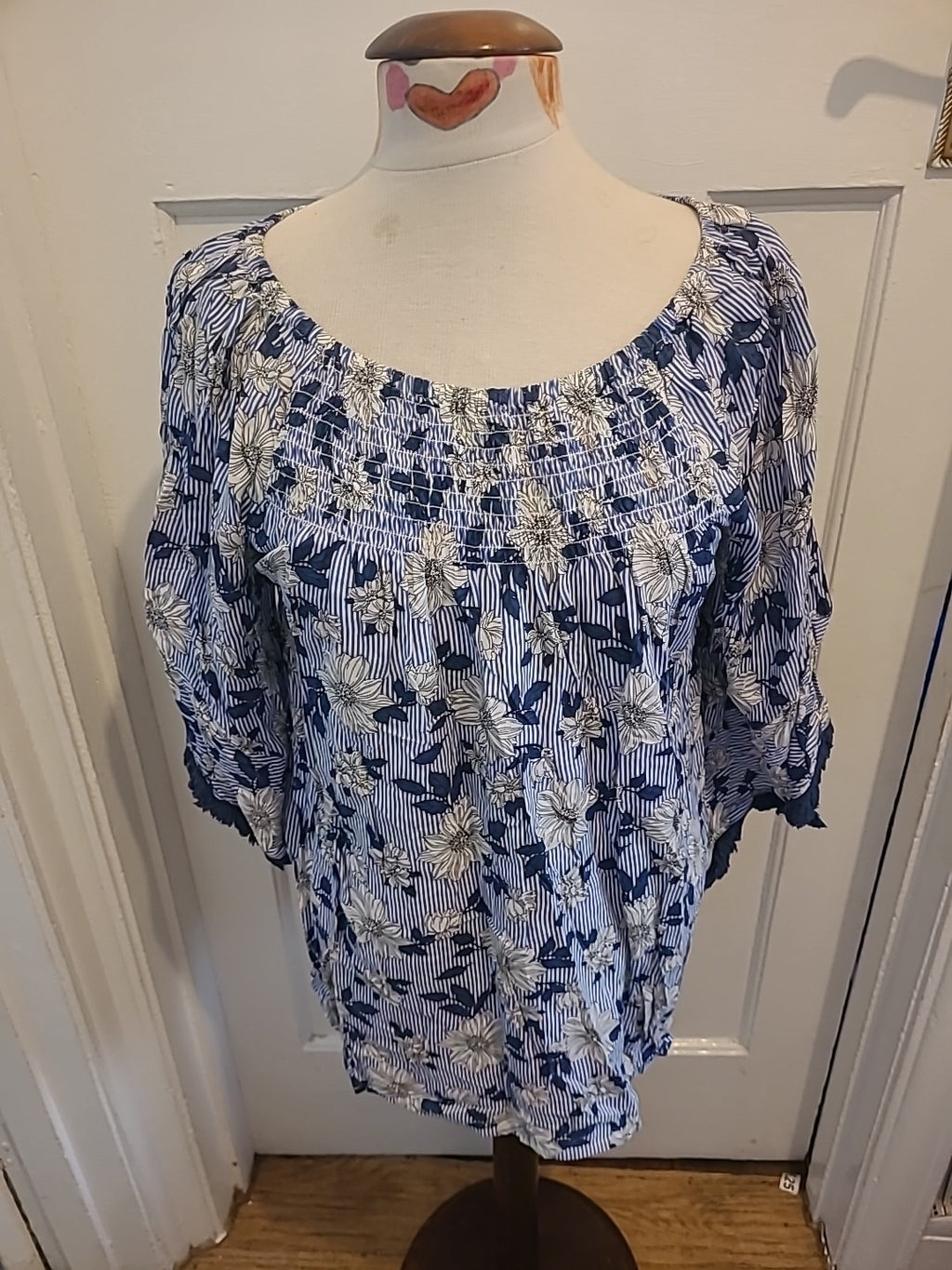 Ladies Klass Size 14 Blue Navy White Stripe Floral Mid Sleeved Elasticated...
