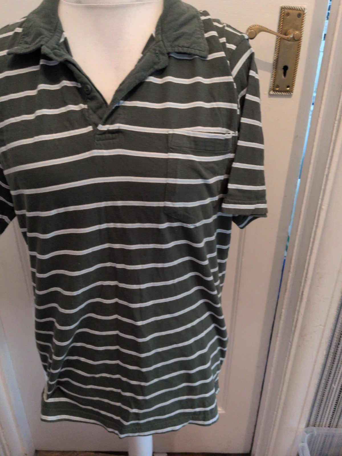 Tu Large Green White Stripe Short Sleeve Polo