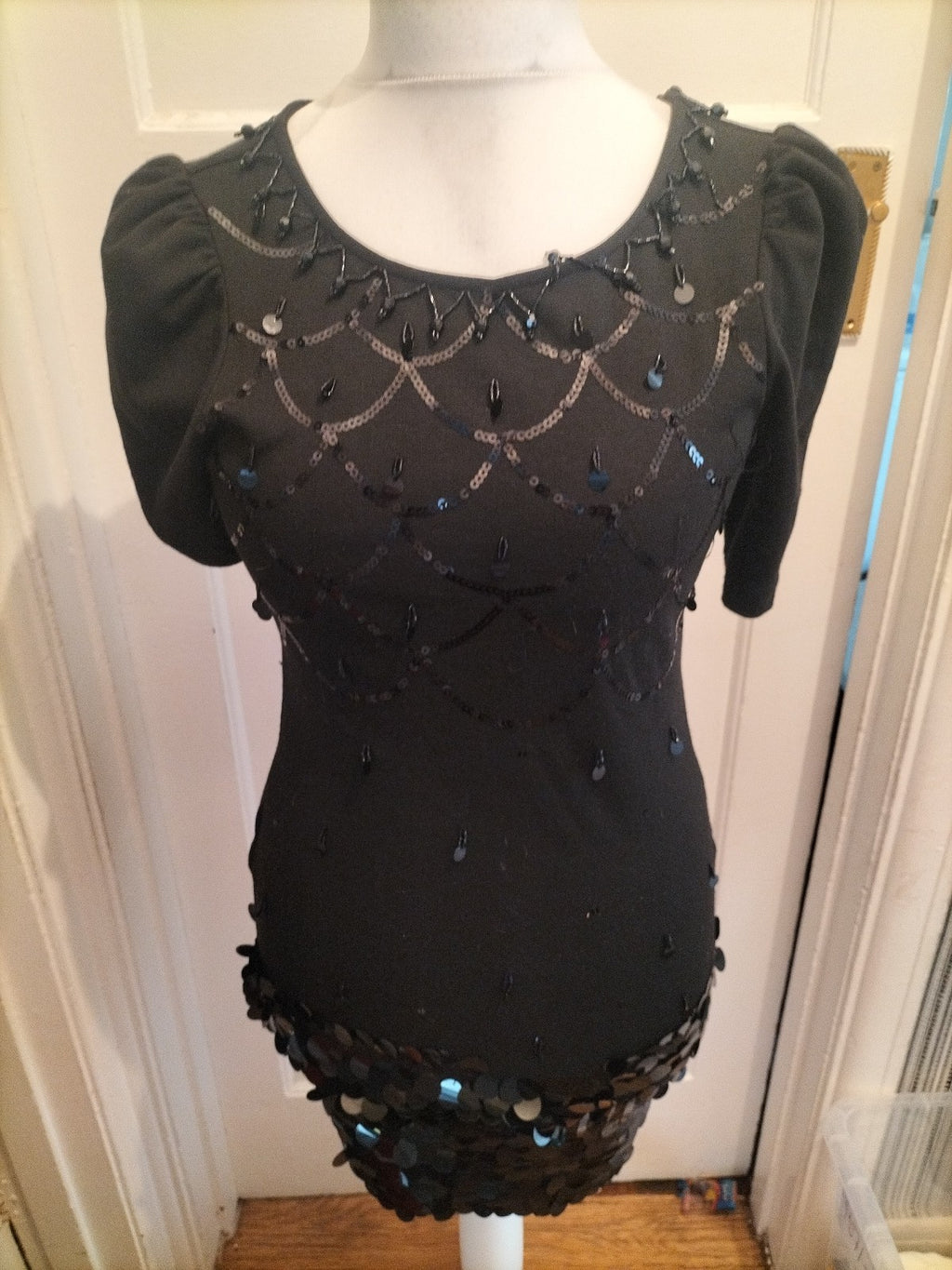 Ladies River Island Size 6 Black With Diamontes Short Sleeved Dress