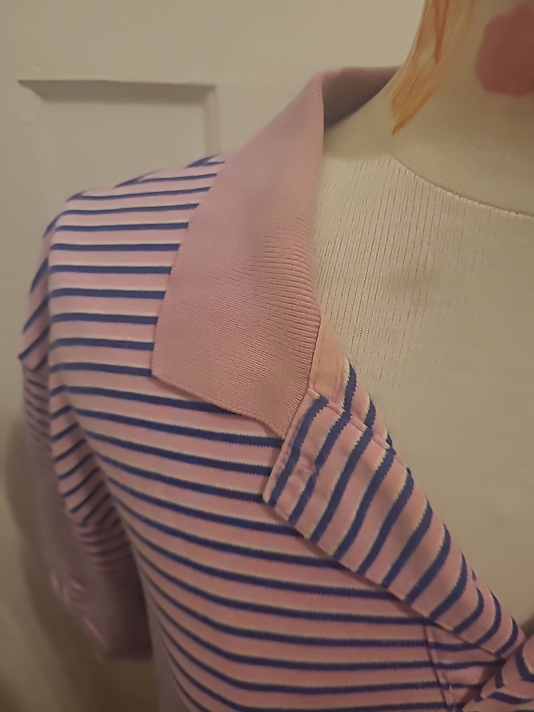 Mens Ralph Lauren Size Large Pink Navy Striped Short Sleeved Polo Shirt