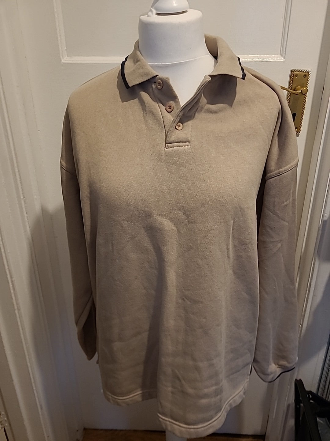 Mens Primark Size Medium Beige Long Sleeved Pullover Collared Jumper