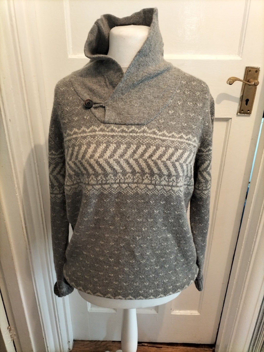 Rocha John Rocha Large Grey Cream Collared Long Sleeve Jumper Pullover
