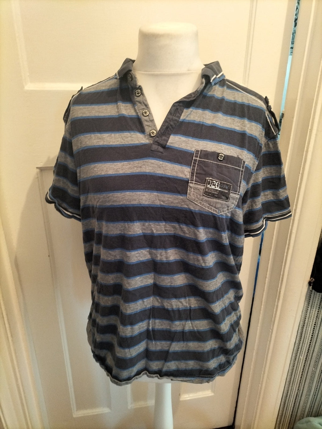 Mens D26 Core Size XL Navy Grey Striped Polo Short Sleeve