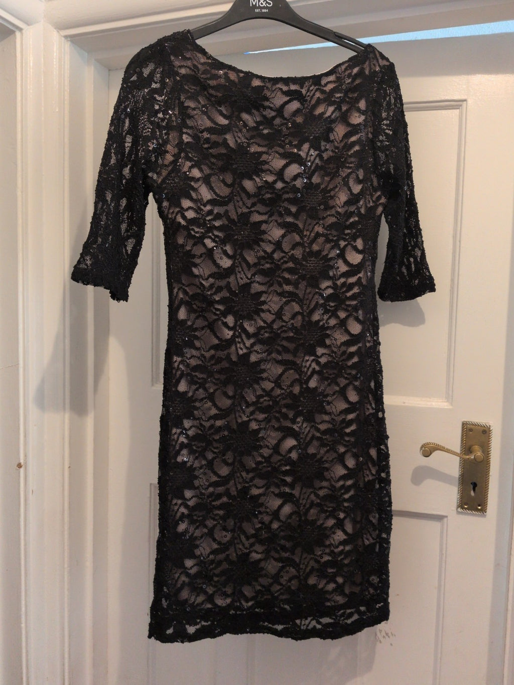 Evie 12 Beige With Black Lace And Sequins Half Sleeve Dress