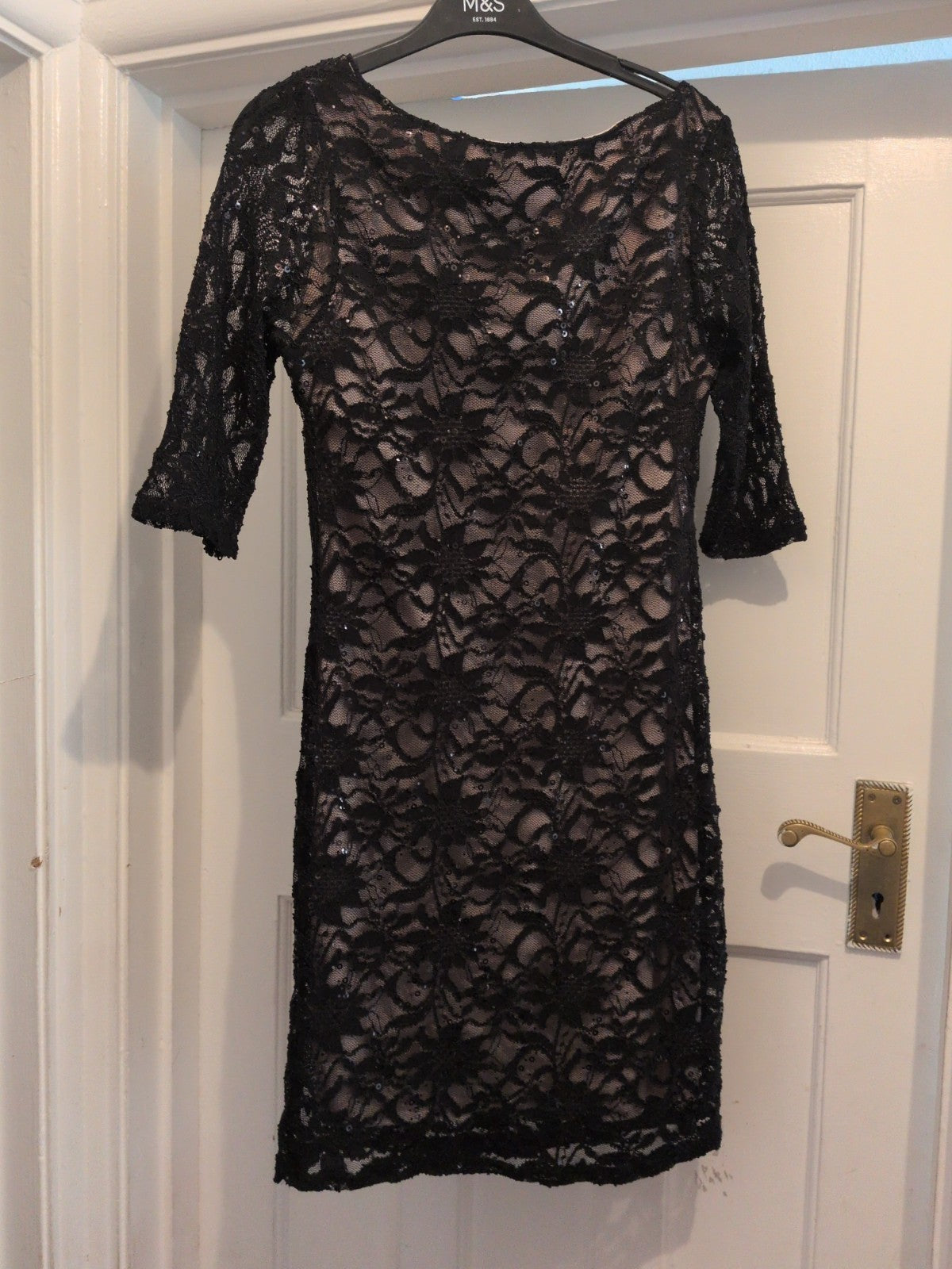 Evie 12 Beige With Black Lace And Sequins Half Sleeve Dress