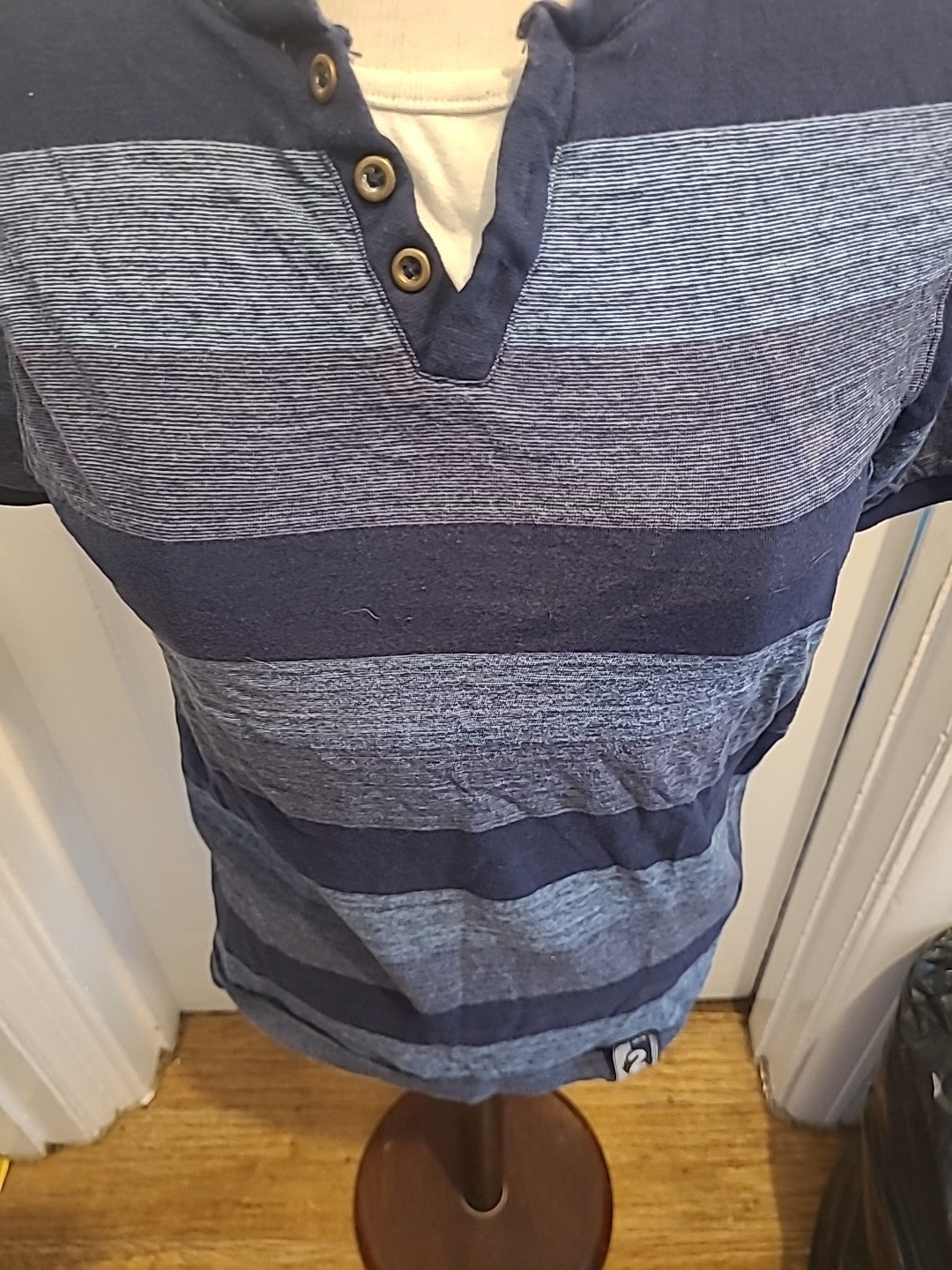 Mens Urban Spirit Size Medium Navy Grey Blue Striped Short Sleeved Polo