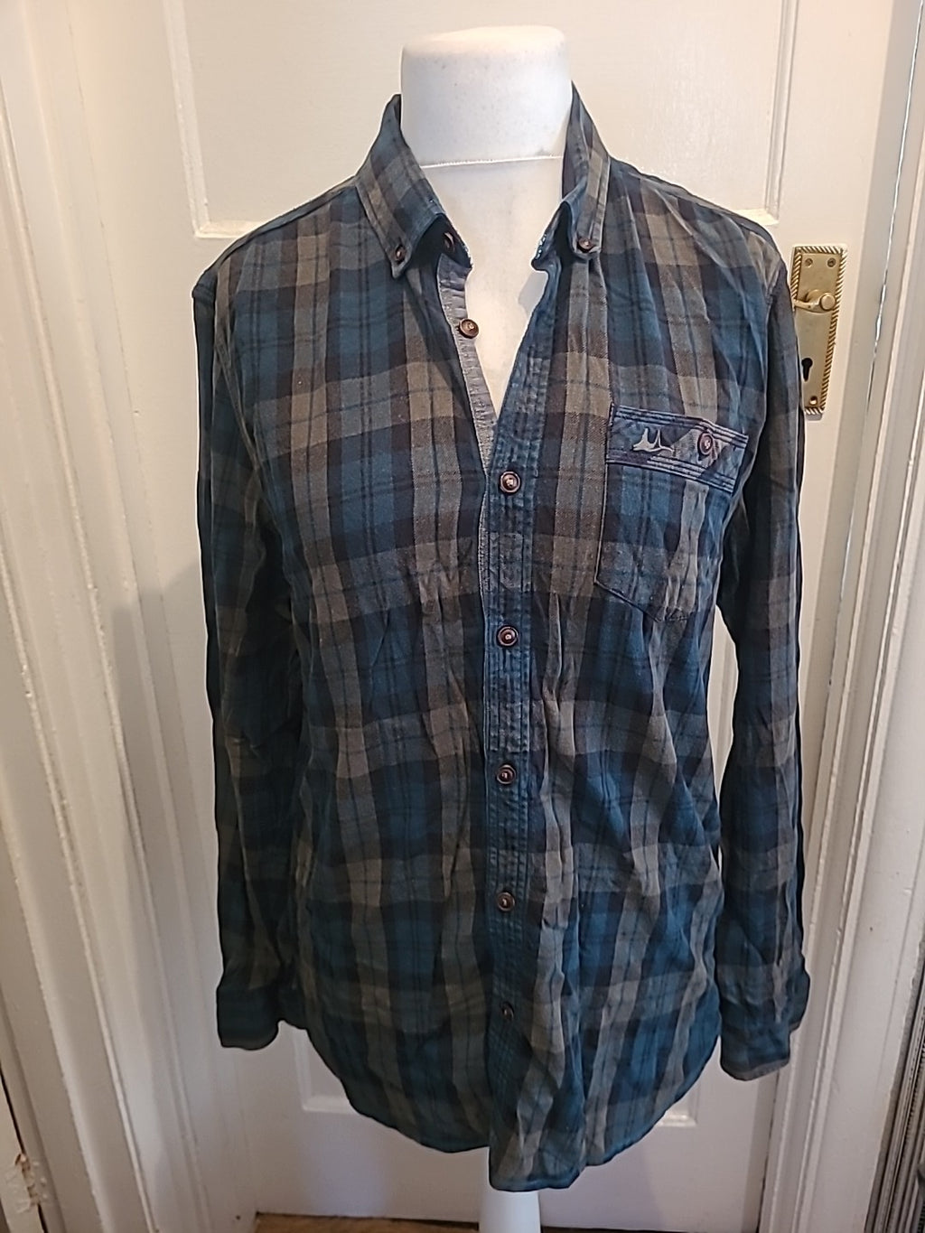 Mens Mantaray Size Medium Green And Navy Check Long Sleeved Shirt