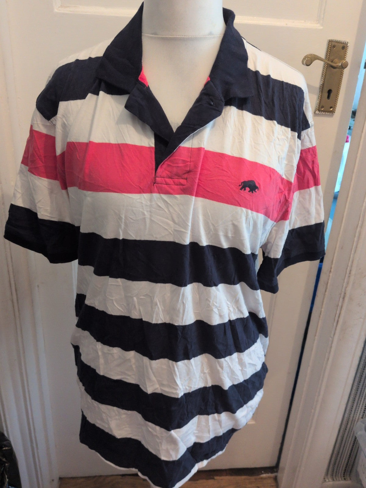 Mens Raging Bull Size XL Navy Pink And White Strip Short Sleeve Polo