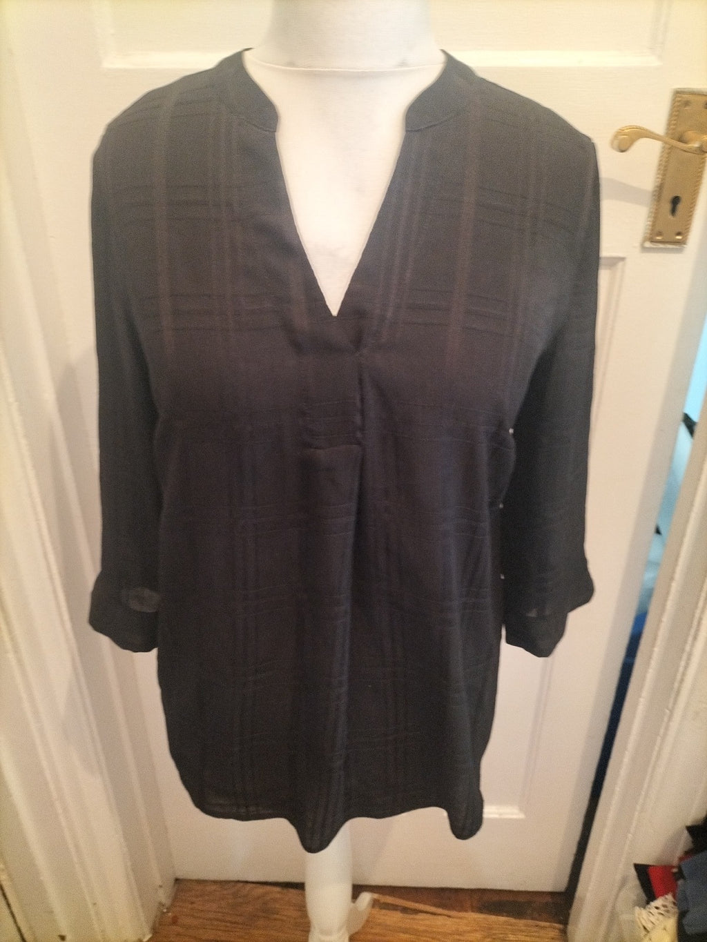 Nutmeg 12 Black Faint Check Blouse V Neck Long Sleeve