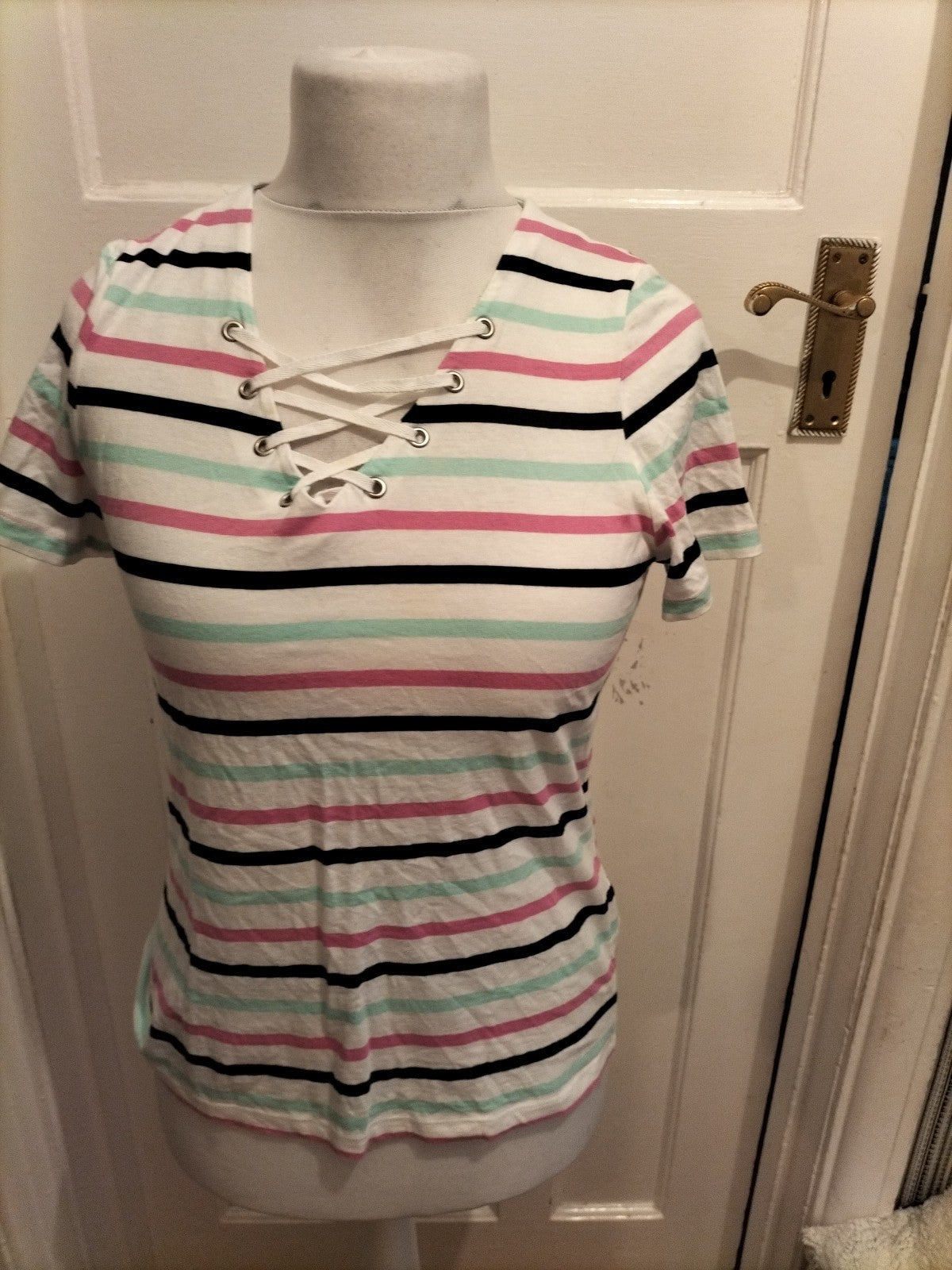 Bonmarche 12 Multi Stripe Short Sleeved V Neck T-shirt