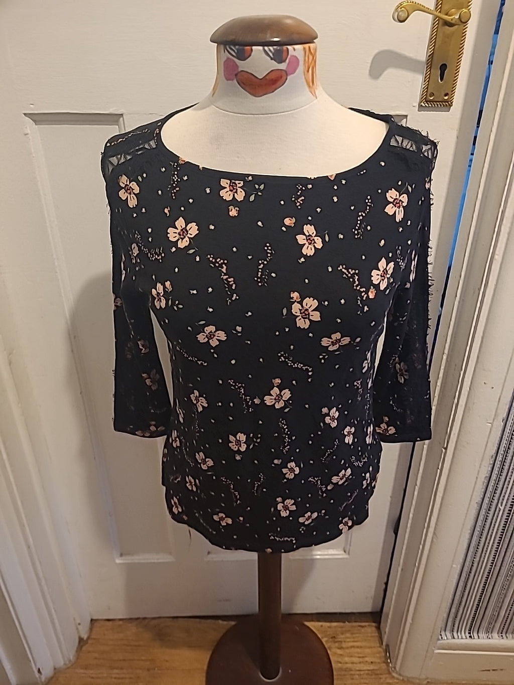 Ladies Marks And Spencer Size 10 Black With Pink Floral Long Sleeved Blouse