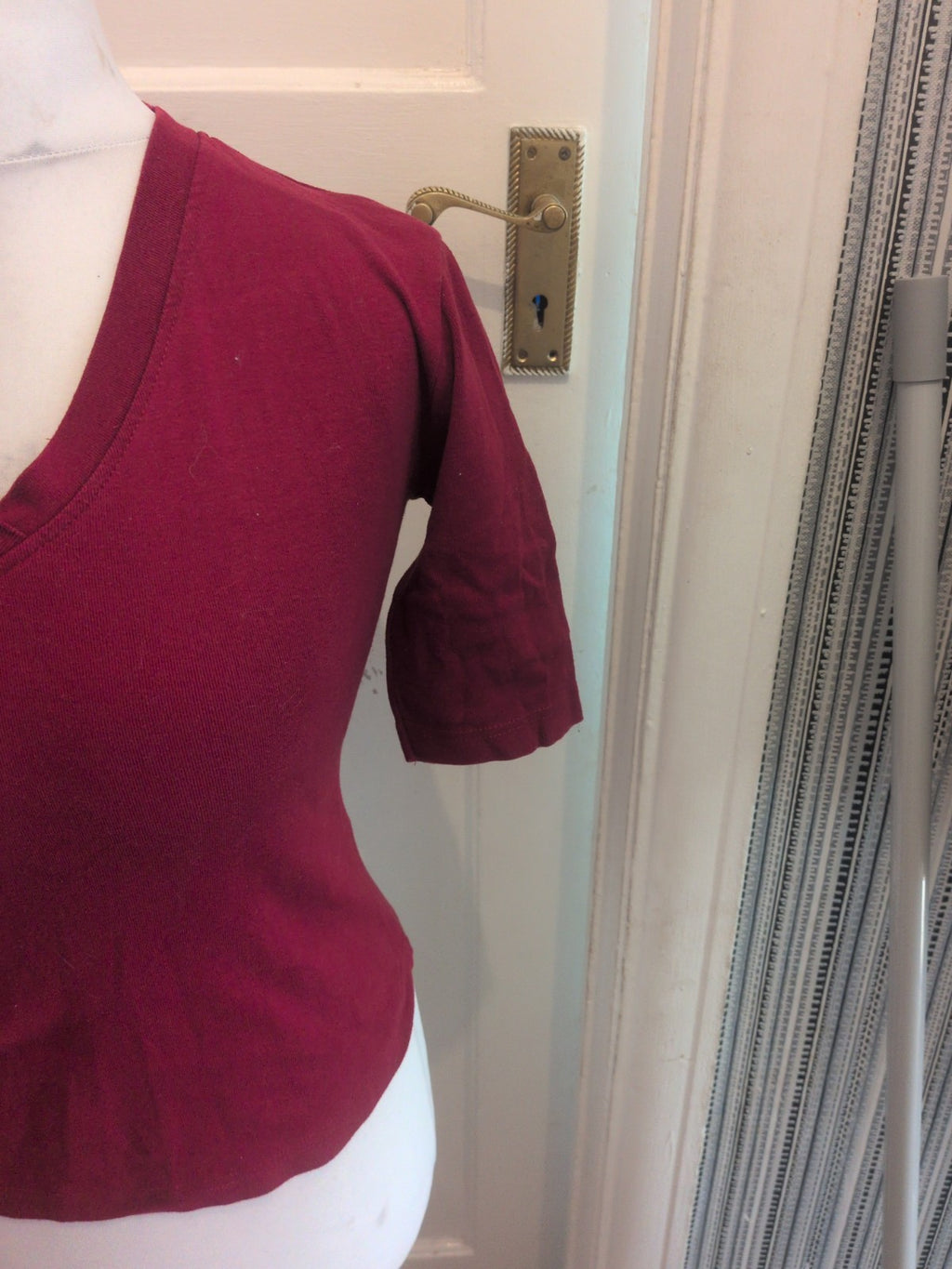 Medium Dark Red Short Sleeve T-shirt V Neck
