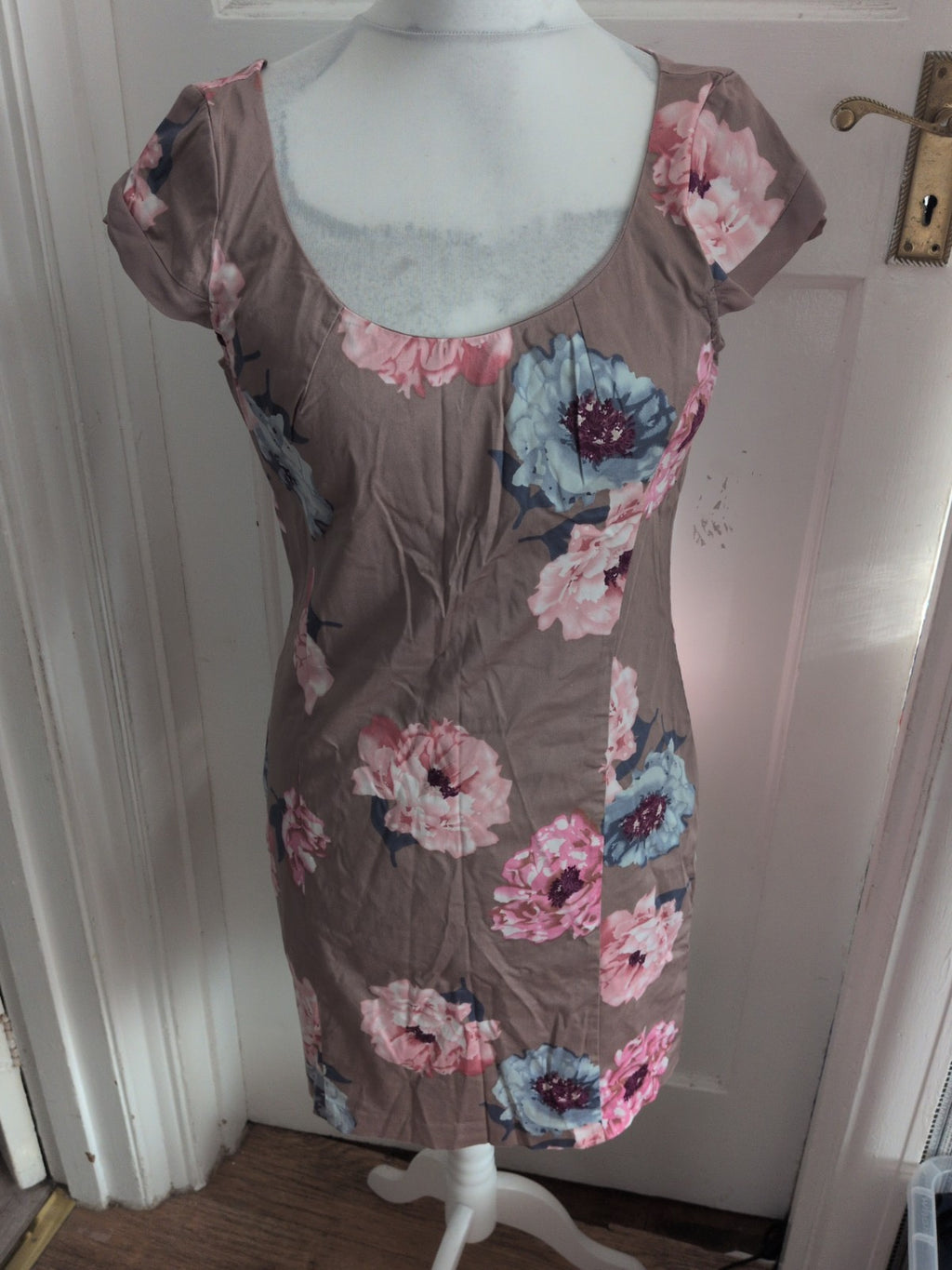 Oasis 14 Pale Brown Floral Sleeveless Lined Dress Midi
