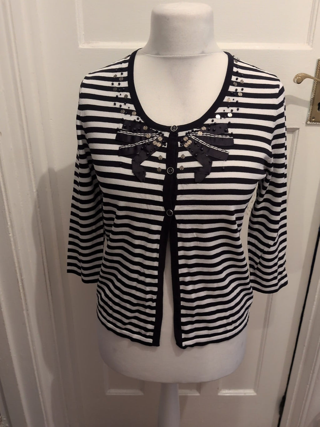 Gerry Weber 12 Navy And White Striped Buttoned Sequin Blouse