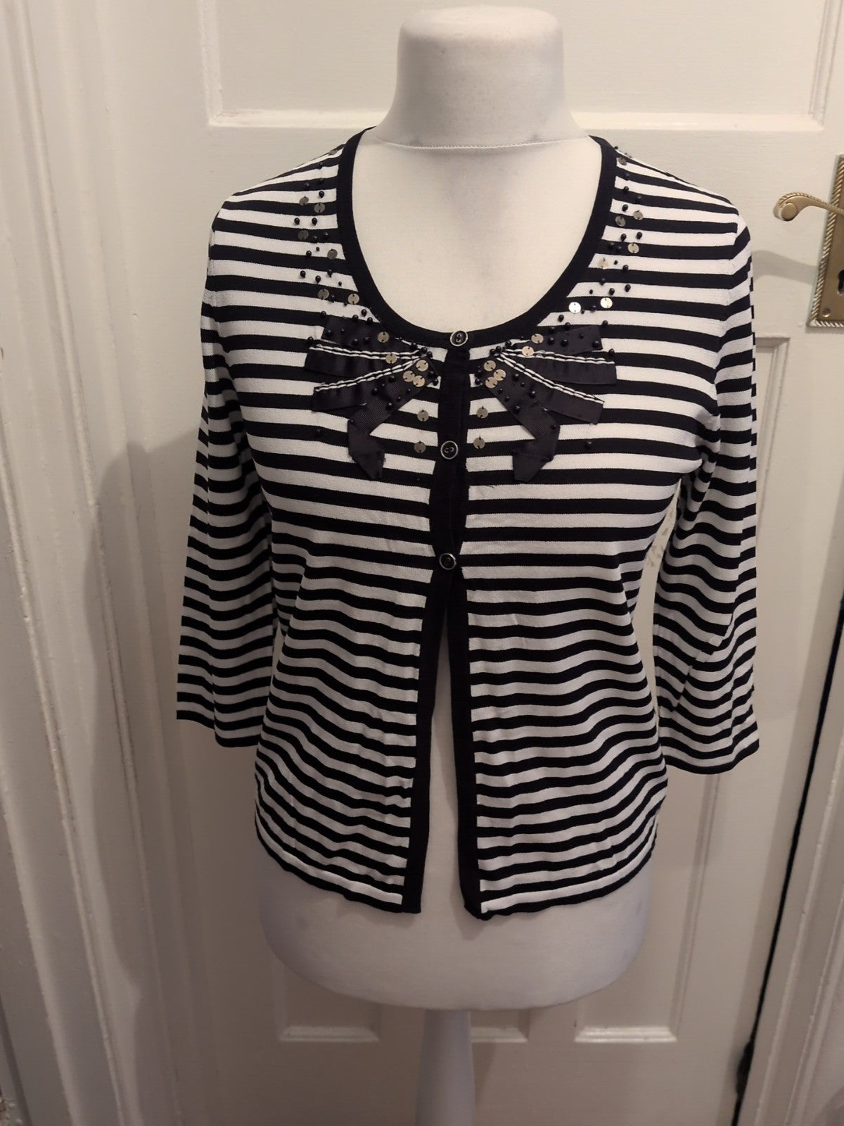 Gerry Weber 12 Navy And White Striped Buttoned Sequin Blouse