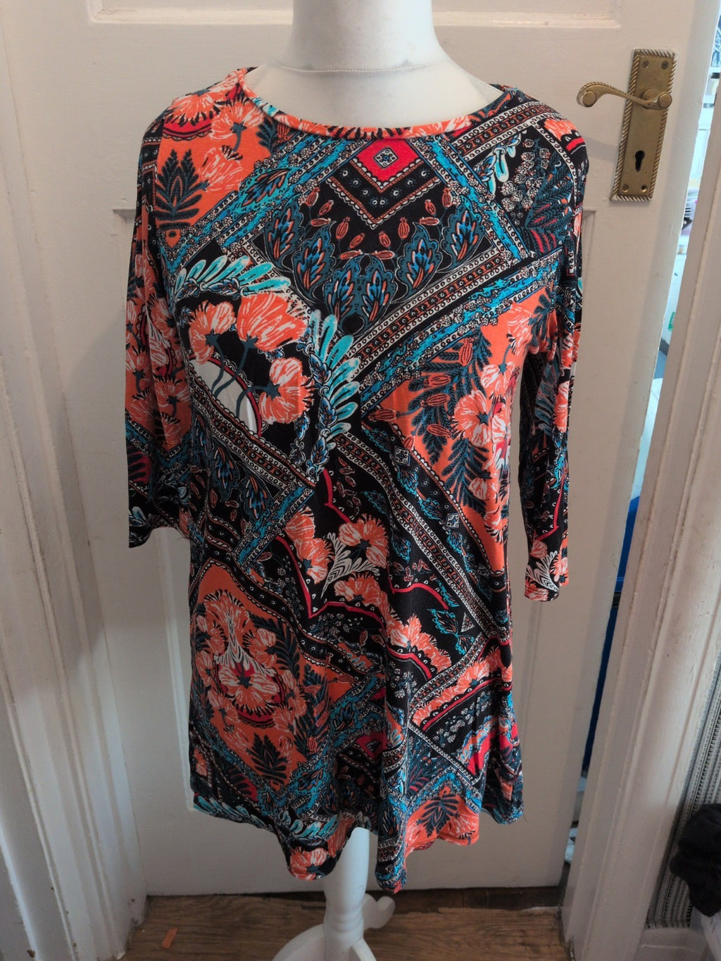 George 14 Black Orange Teal Pink Half Sleeve Dress