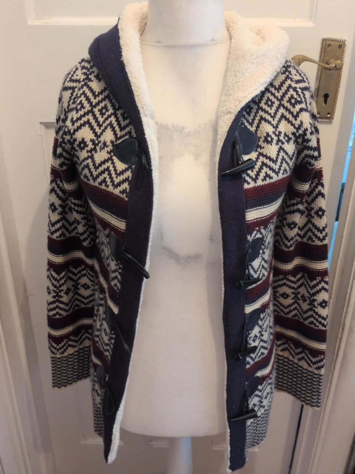 Ladies Beyou Size 8-10 Navy Patterned Hooded Cardigan Fleece Lined