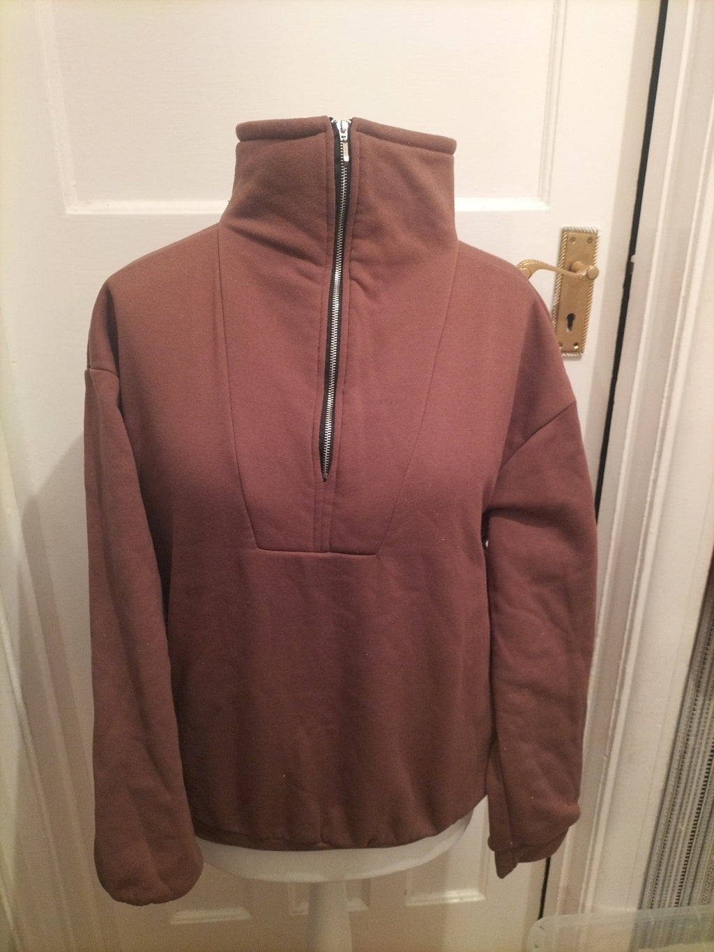Ladies Large Brown Semi Zip Pullover Jumper