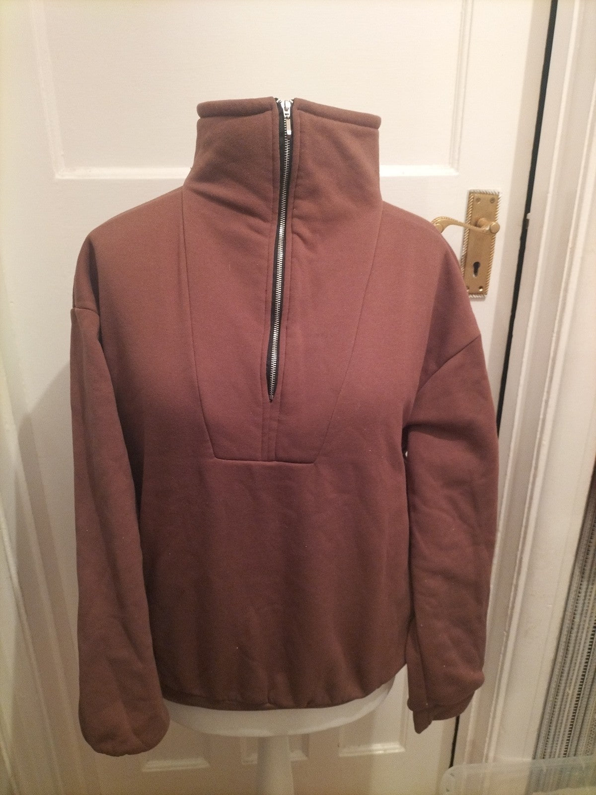 Ladies Large Brown Semi Zip Pullover Jumper