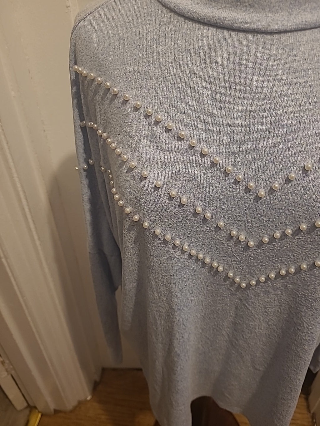 Ladies Select Size Large Blue With Pearl Design Detail Long Sleeved Blouse