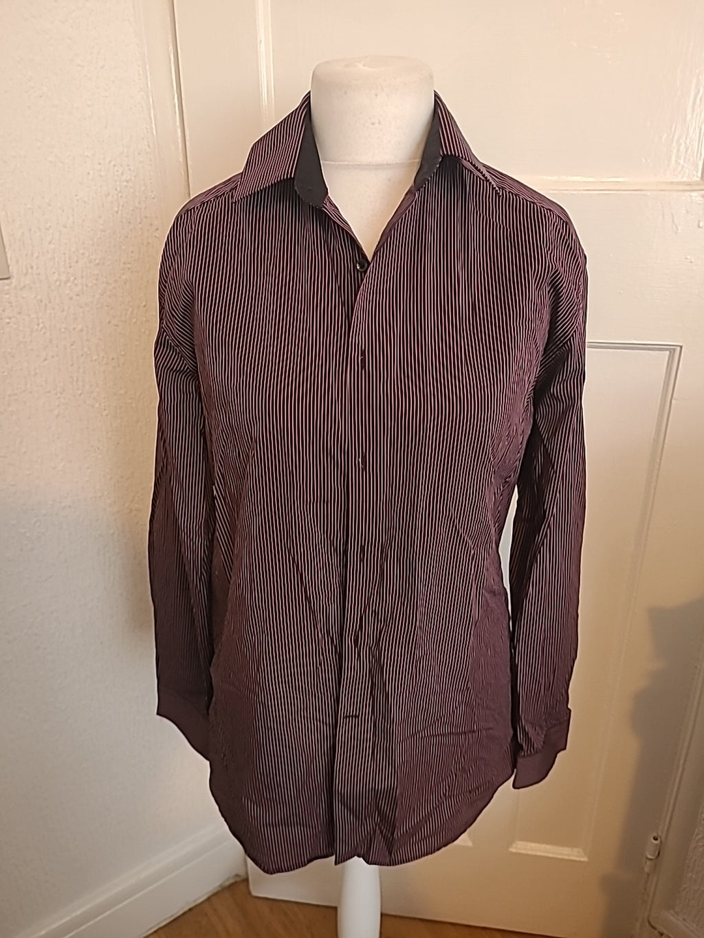 Mens Autograph Size 16 Purple And Black Striped Long Sleeved Shirt