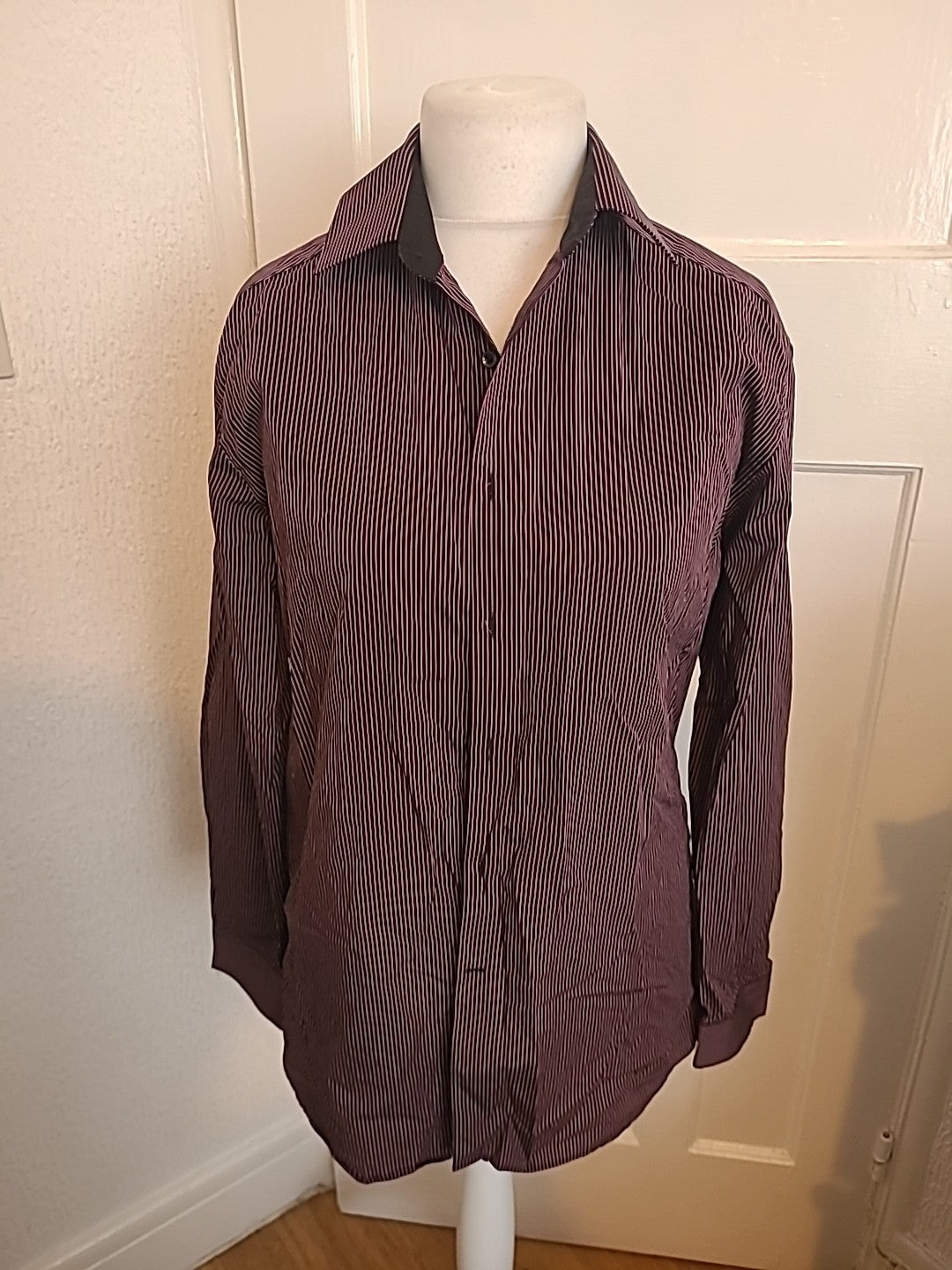 Mens Autograph Size 16 Purple And Black Striped Long Sleeved Shirt
