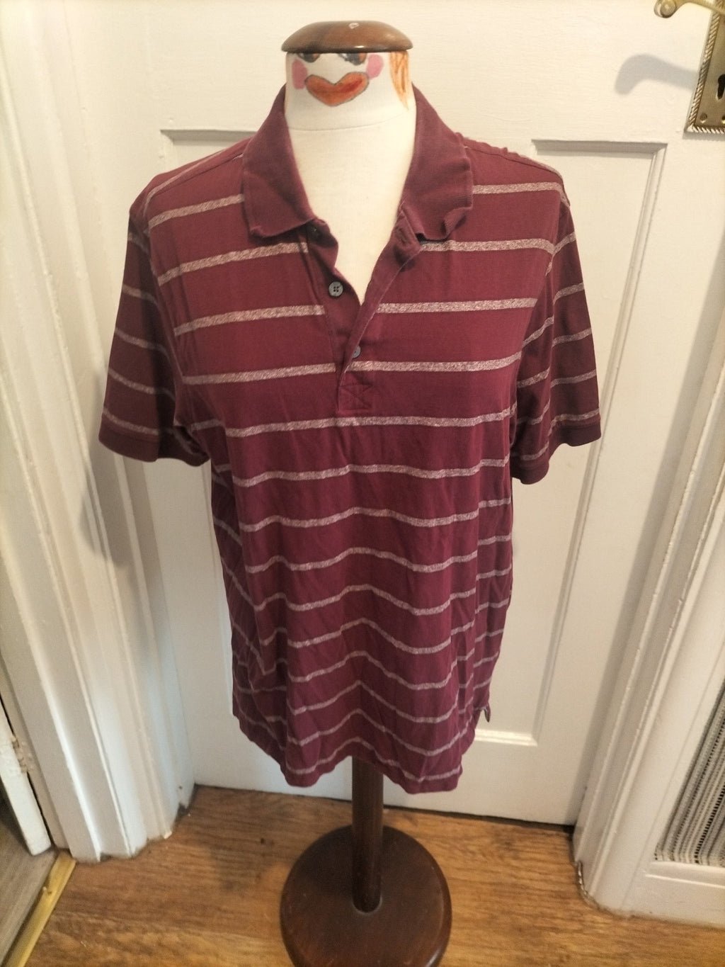 Mens Marks And Spencer Size Large Regular Fit Purple White Striped Short Sleeved