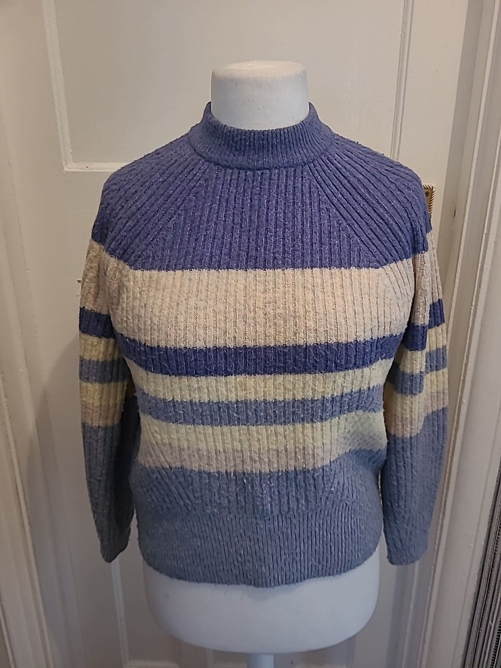 Ladies M&S Collection Size Small Blue And White Cowl Neck Jumper