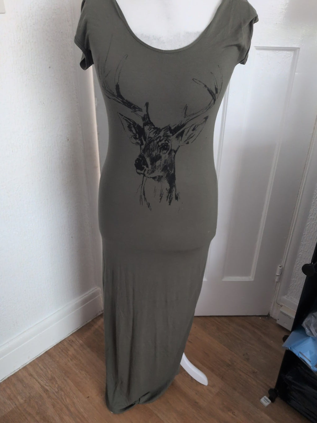 Primark 14 Khaki Short Sleeve Printed Ultra Long Length Dress